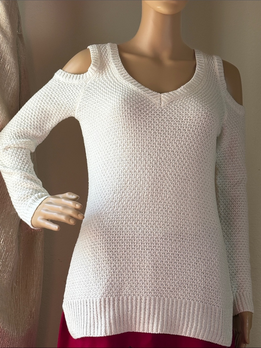 White House Black Market Ecru Cold-Shoulder V-Neck Sweater